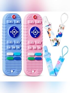 Baby Teething Silicone Remotes 2 Pack with Pacifier Clip Tethers - Blue and Pink